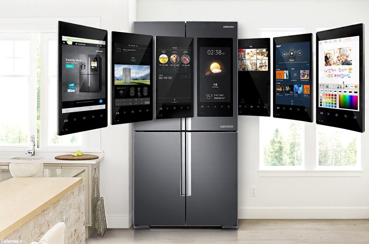 A refrigerator with multiple screens Description automatically generated